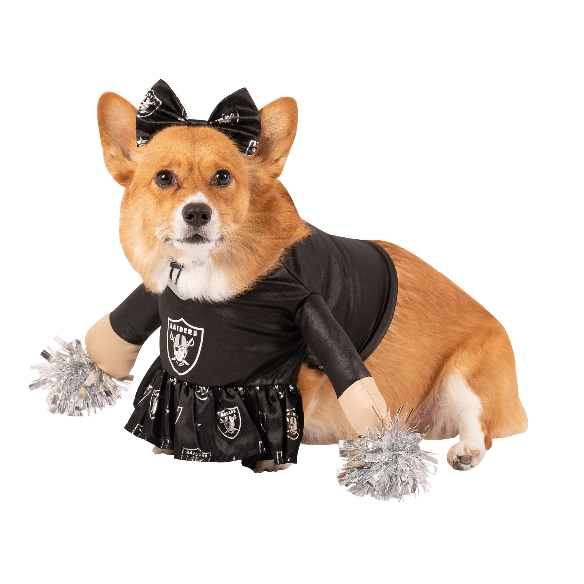 NFL LAS Vegas Raiders Officially Licensed Cheer Dog Costume by MODERN HERO Includes Dress with Faux Stuffed arms and Tinsel pom-poms and Satin Bow Headband, Size XS