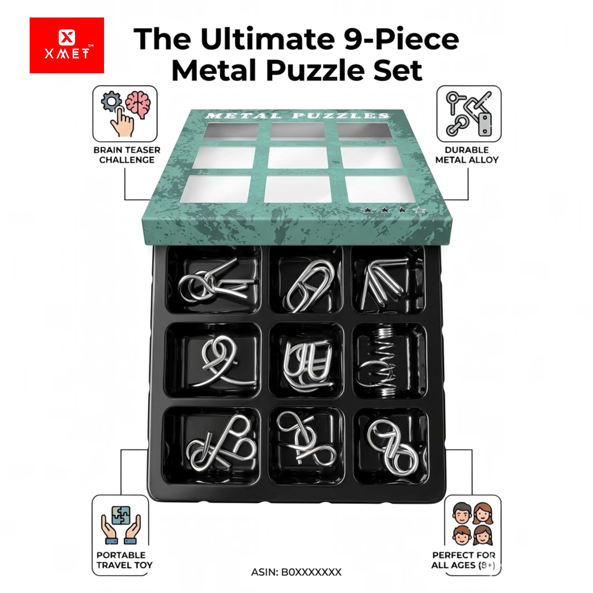 XMET 9-Piece Metal Wire Puzzle Set for Kids & Adults | Brain