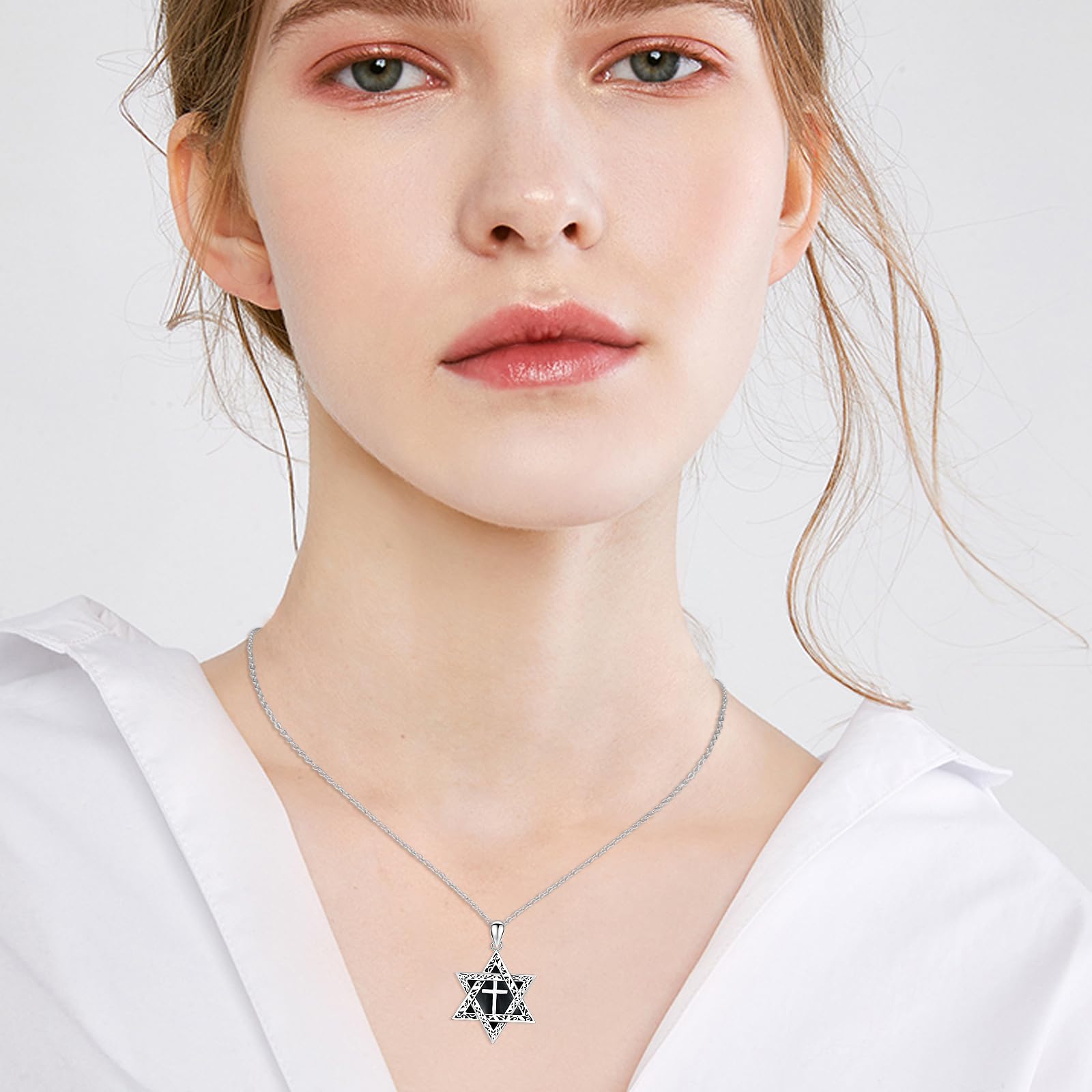 Onice - Collana con stella di David, in argento Sterling 925, a forma di stella di David, con ciondolo a forma di croce e onice, ideale per uomini e donne, misura unica, Argento sterling, Onice