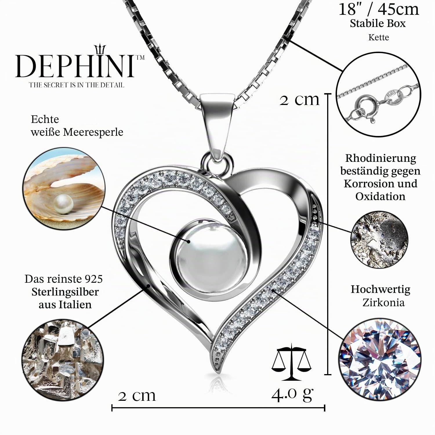 DEPHINI Schmuckset mit Halskette und Herz-Ohrringen, 925er Sterlingsilber