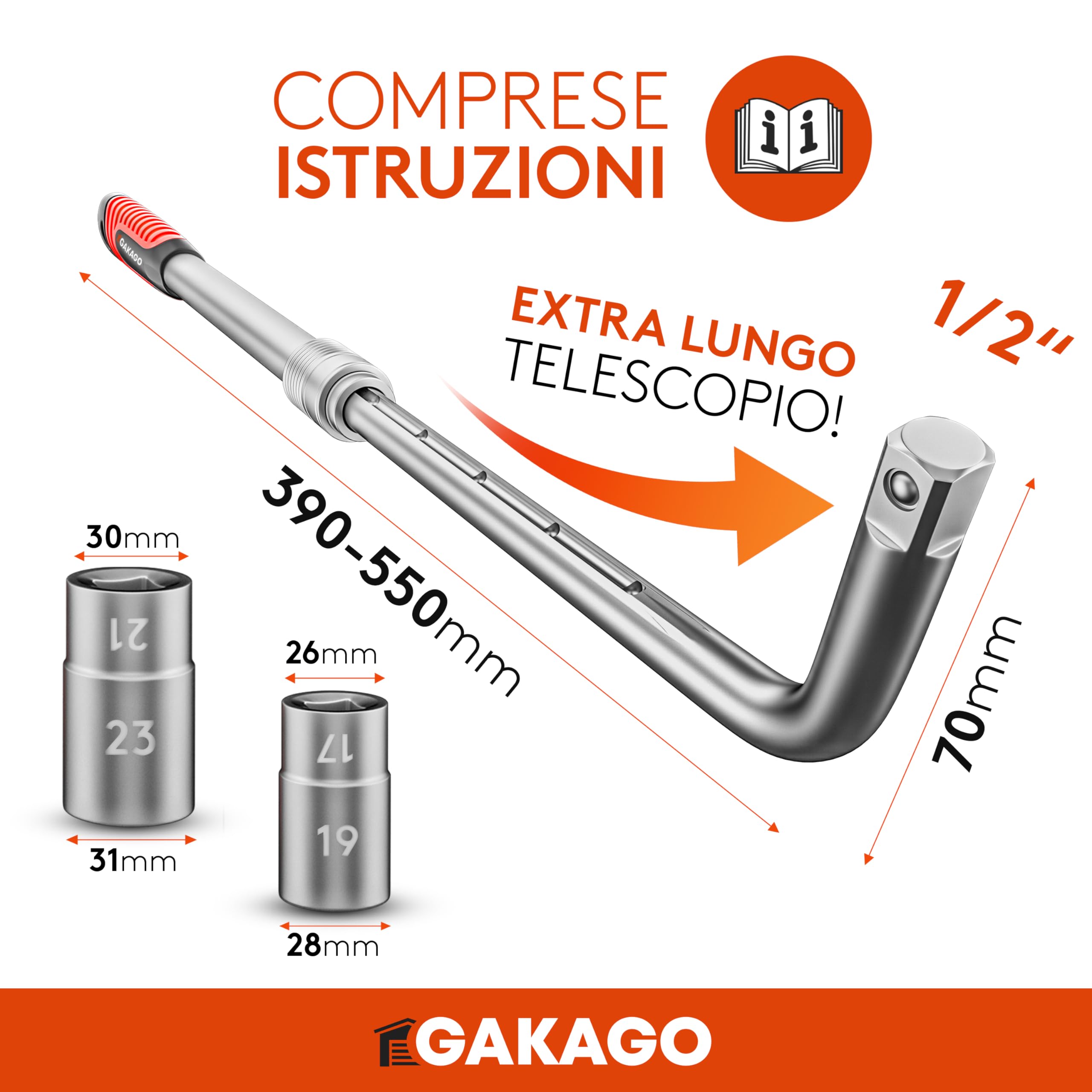 Gakago Set di chiavi telescopiche per dadi ruota con bussola da 17/19 mm e 21/23 mm da 1/2 pollice - Chiave ruota allungabile extra lunga - Pratica borsa per riporla