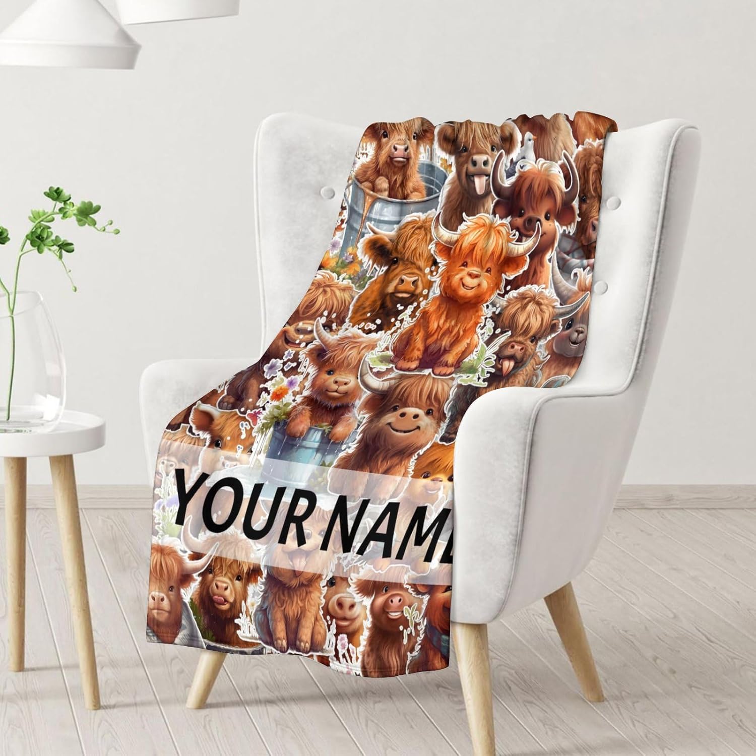Custom Highland Cow Gifts - Personalized Name Blanket for Kids Adults - Highland Cow Blanket for Women Girls - 60"x80" Kids Throws for Bed, Living Room