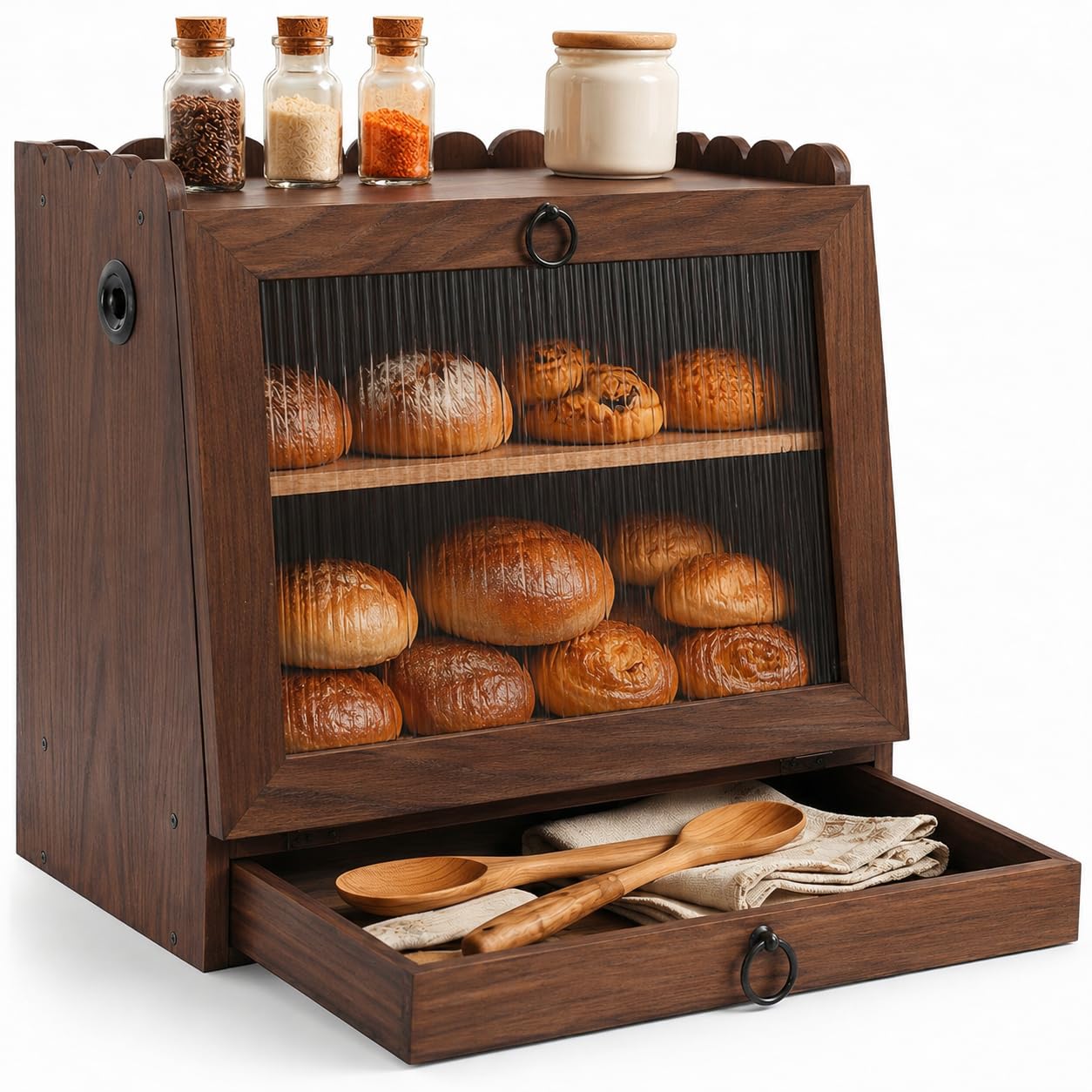 Photo 1 of AIZMOZIA Bread Box for Kitchen Countertop Wooden Double Layer Bread Storage Container Bin Breadbox Holder Large Capacity Keeper Vintage Farmhouse Food Organizer (Brown, Large)