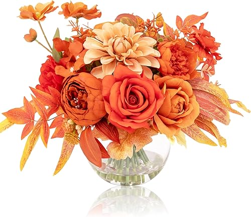 Artificial Flowers in Vase, Silk Rose Peony Dahlia Flower Bouquet Table Centerpi