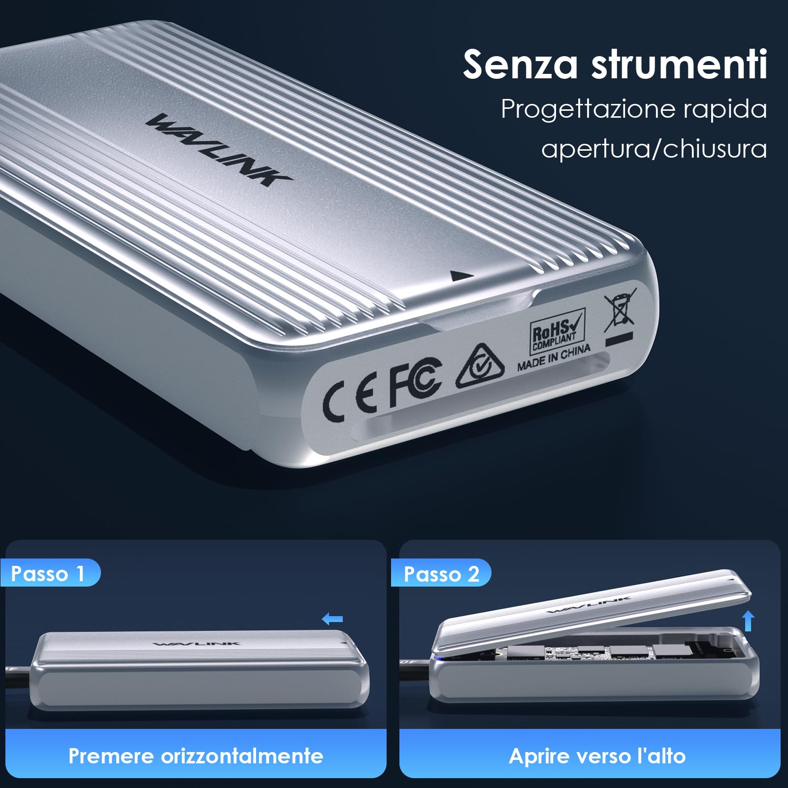 WAVLINK Case SSD M.2 NVMe 40Gbps con Ventola di Raffreddamento, Enclosure NVMe USB4 compatibile con Thunderbolt 4 fino a 3848 MB/s, supporta SSD di dimensioni 2230/2242/2260/2280 B+M/M-Key