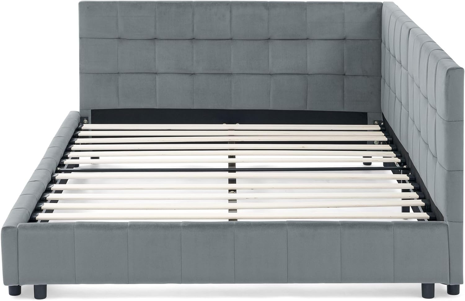 DEINPPA Full L-Shape Corner Bed Frame, Velvet Upholstered Tufted Daybed with Slat, Floor Platform Bed with Soft Headboard for Bedroom Nook, No Box Spring Needed-Grey