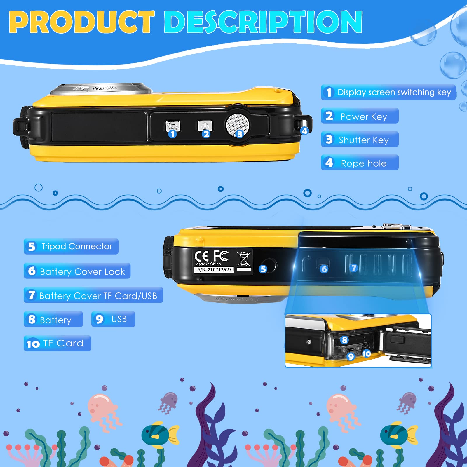 Appareil Photo Etanche Numérique,Full HD 2.7K 24MP Caméra sous-Marine Zoom Digital 16x Camera Etanche avec Double écran Caméra pour Adolescents Élèves Débutants Jaune