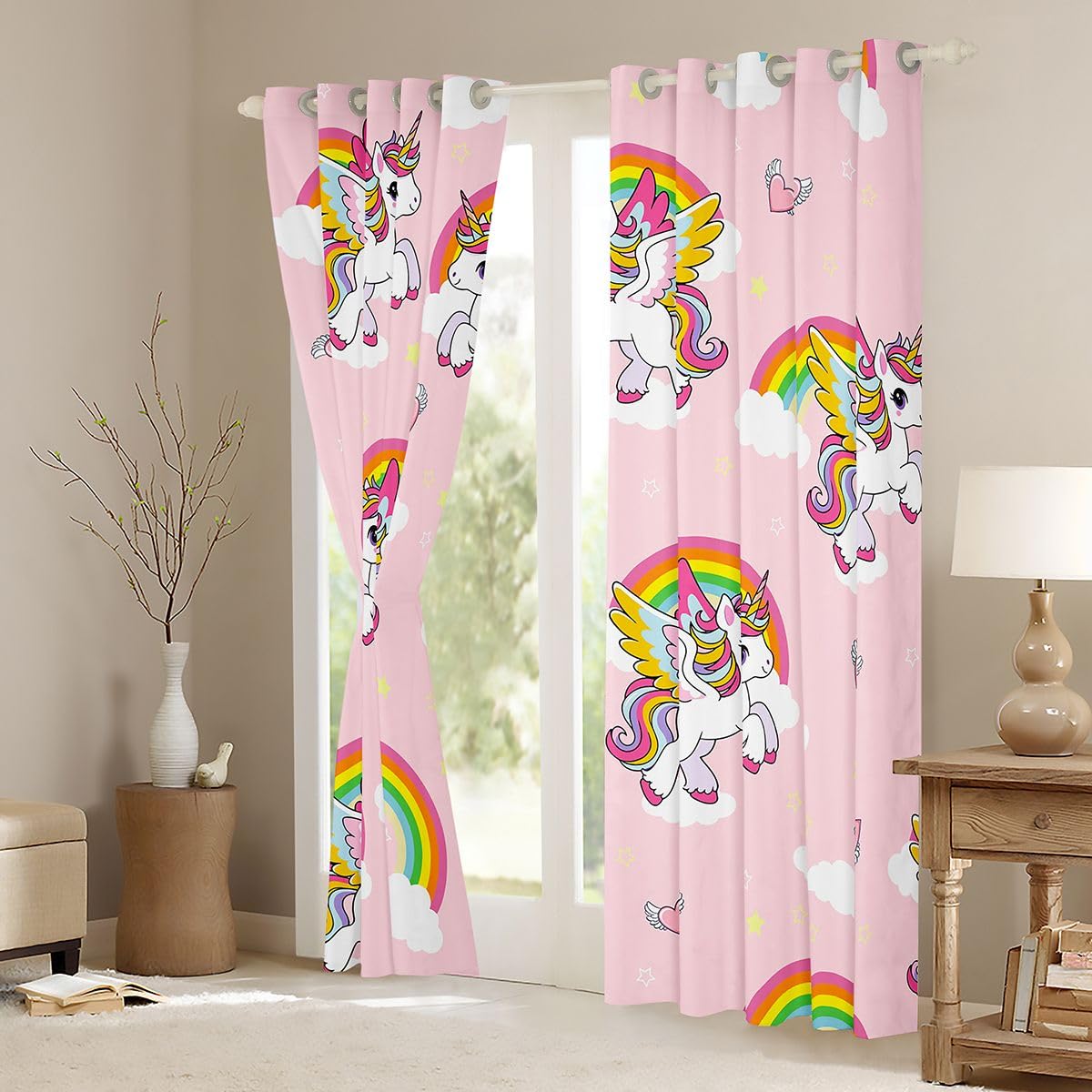 Homewish Jednorożce zasłony okienne, 132 x 160 cm, 2 zestawy paneli – urocze tęczowe zasłony zaciemniające, nadruk z kreskówkowymi gwiazdami, miłość, zasłony okienne, różowe, kawaii, zwierzę do