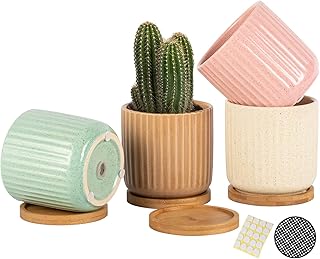 TAMAYKIM 4 Inch Ceramic Plant Pots with Drainage Hole and Bamboo Saucer, Glazed Flower Pots with Trays for Succulent, Cactus and Herbs, Multicolor, Set of 4 (Plant Not Included)