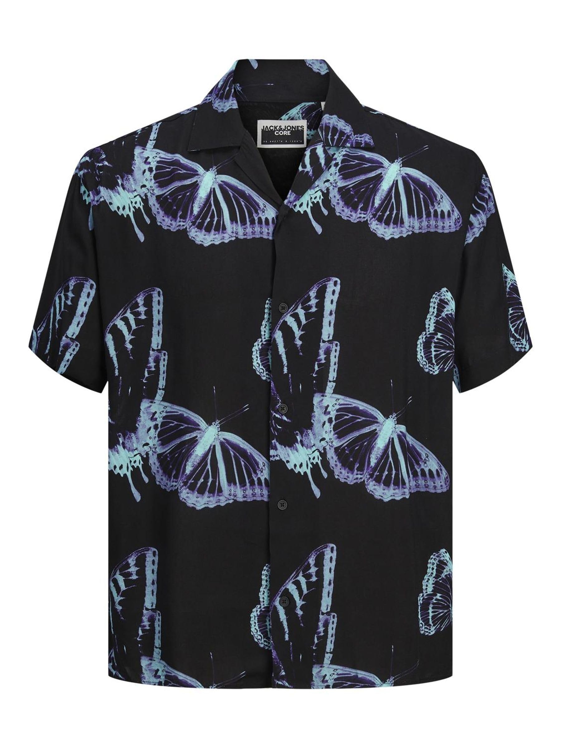 JACK & JONES Men's Jcojeff AOP Resort Shirt SS Relax Short Sleeve Shirt, Black/AOP: Butterfly AOP, S