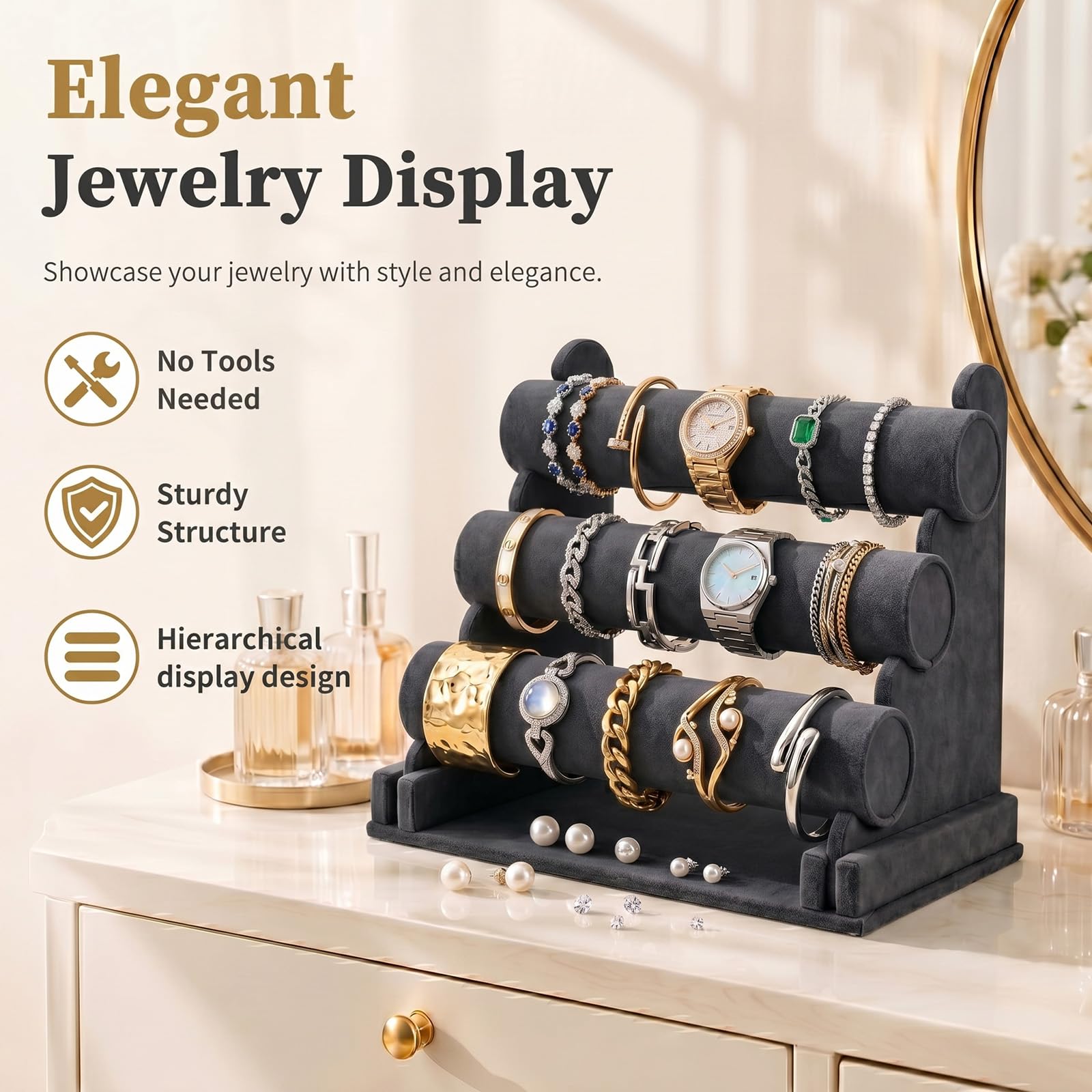 powerking Black Velvet T-bar Bracelet Watch Jewelry stand display, 3 ripiani