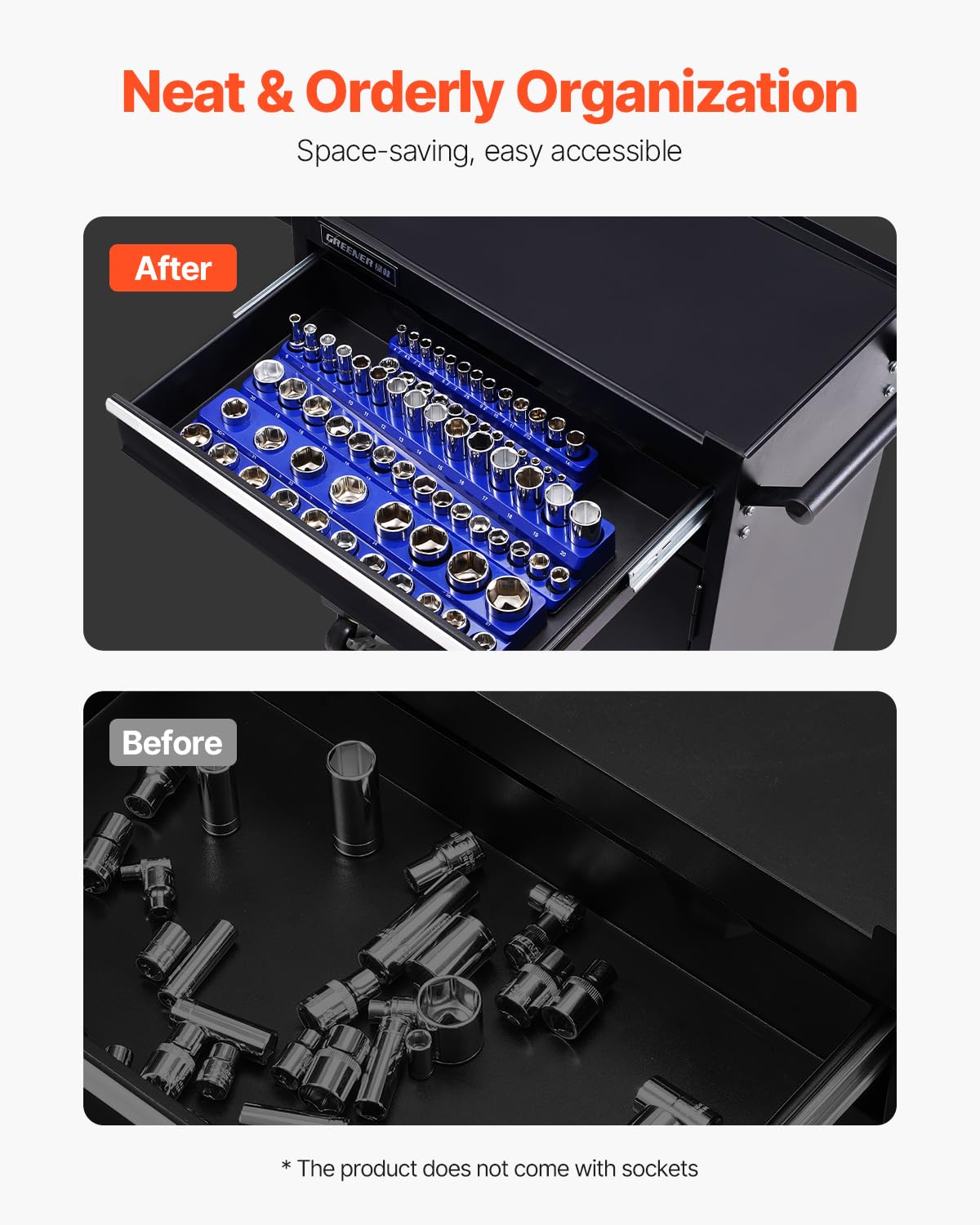 VEVOR Kit Organisateurs Douilles Magnétiques, Lot de 3, Plateaux de Douilles Métriques 1/4'', 3/8'', 1/2'', Étiquettes Transparentes, Capacité 75 Standard et Profondes Non Incluses, Bleu