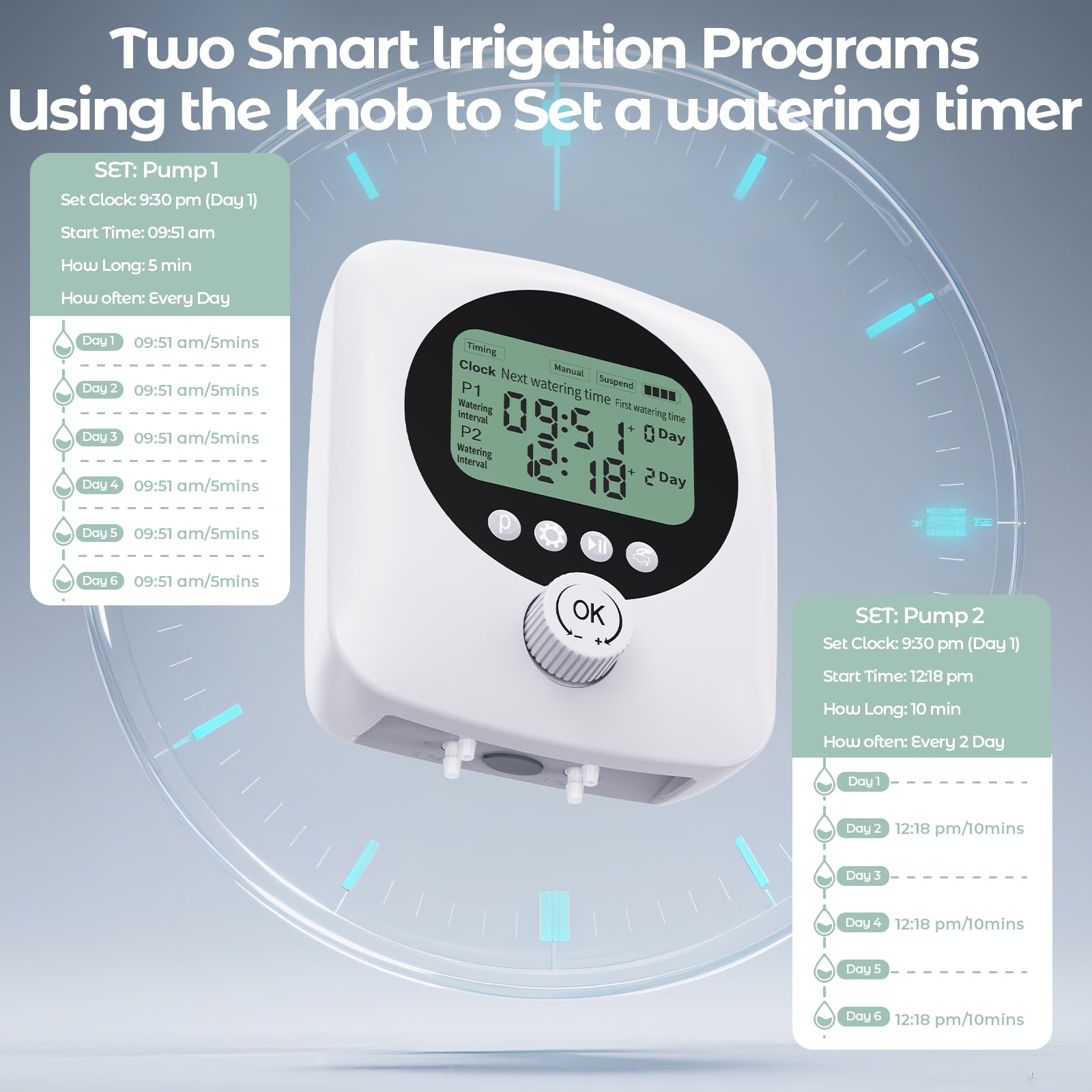 Abbeveratoio automatico a 2 zone per vacanze al chiuso, sistema di irrigazione a goccia con timer digitale programmabile, supporto per 15 piante da appartamento in vaso con dispositivi di irrigazione