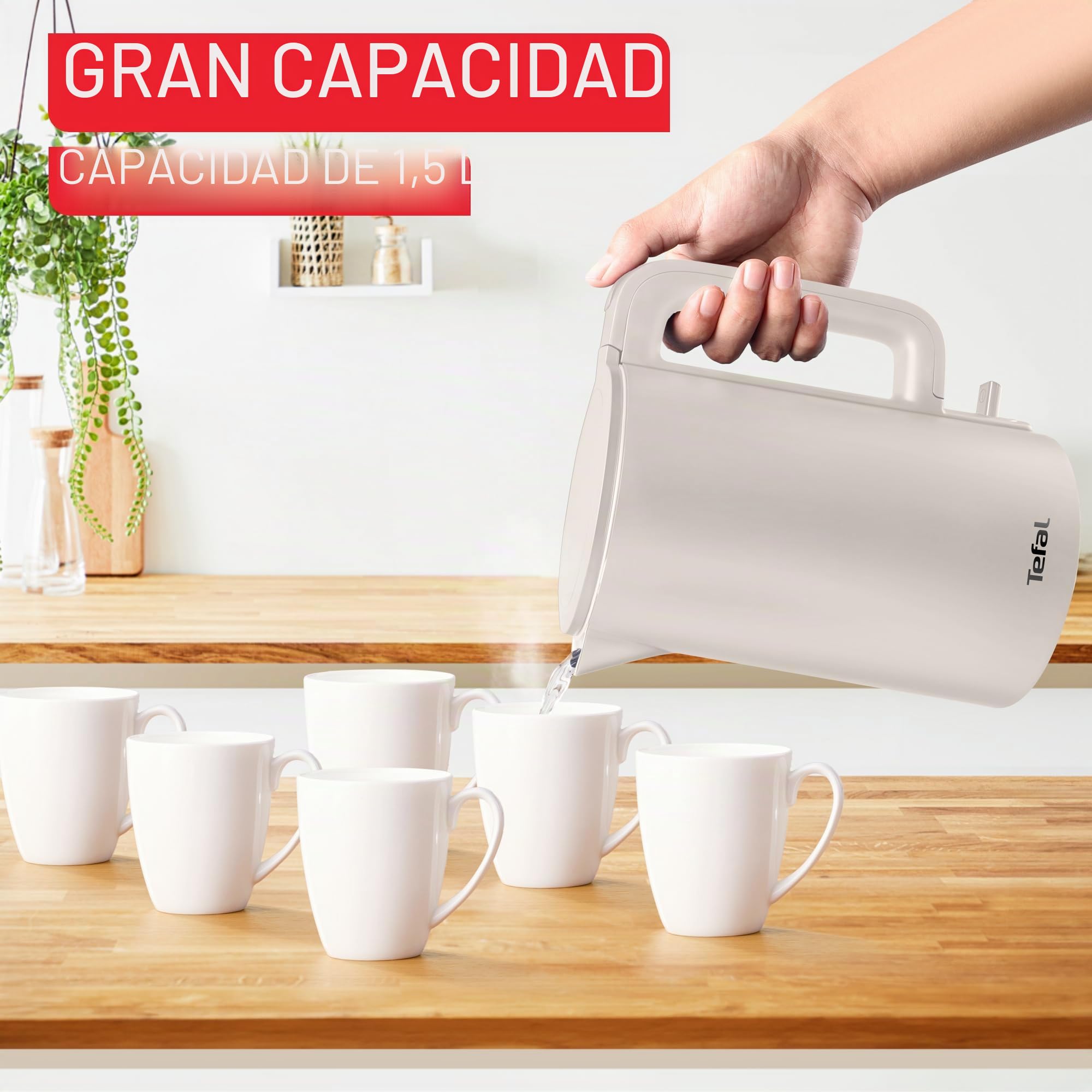 Hervidor eléctrico Tefal Thermo Protect, Safe to Touch, 1500W, Gris claro e interior inox, KO140BE0