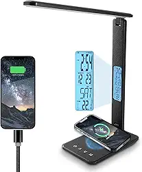 Lâmpada de mesa, lâmpada LED com carregador sem fio, porta de carregador USB, controle de toque, 3 modos de cor, 5 níveis de brilho, luminária de mesa com proteção ocular, luzes LED para