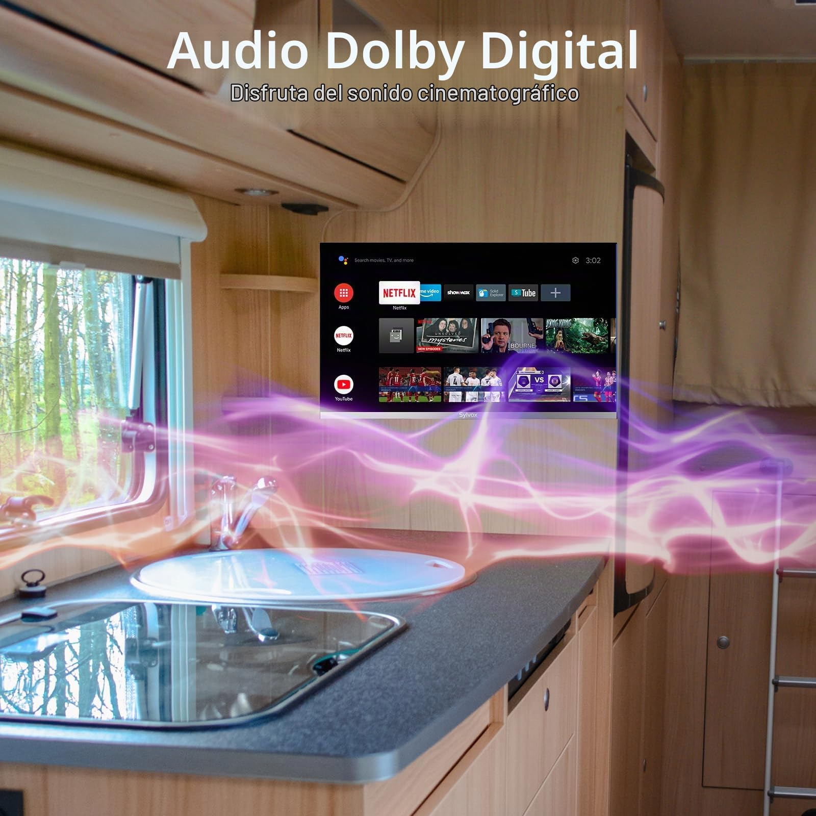 SYLVOX 22" para Autocaravana y Camping, Smart TV 12V 1080P, Bisel Ultrafino, Lector DVD, Amplio Voltaje 9-32V, Sintonizador Triple DVB-C/T2/S2, HEVC, HDMI, Ideal para Autocaravanas, Campers y Camiones