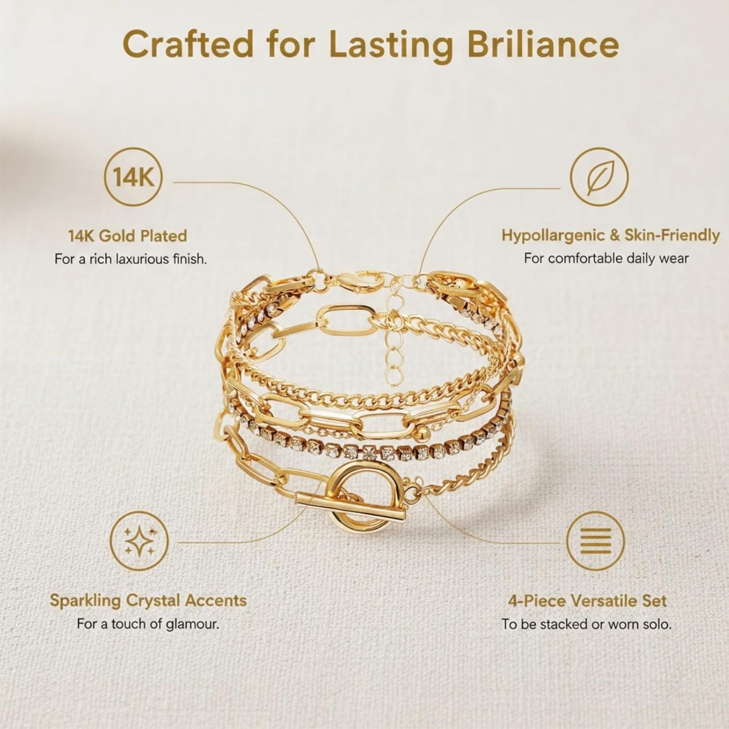 14K Gold Plated Layered Bracelet Set for Women, Boho Stackable Crystal Link Chain Bangles, Stacked Gold Bracelets Elegant Jewelry Gift for Wedding, Anniversary, Birthday - Image 6