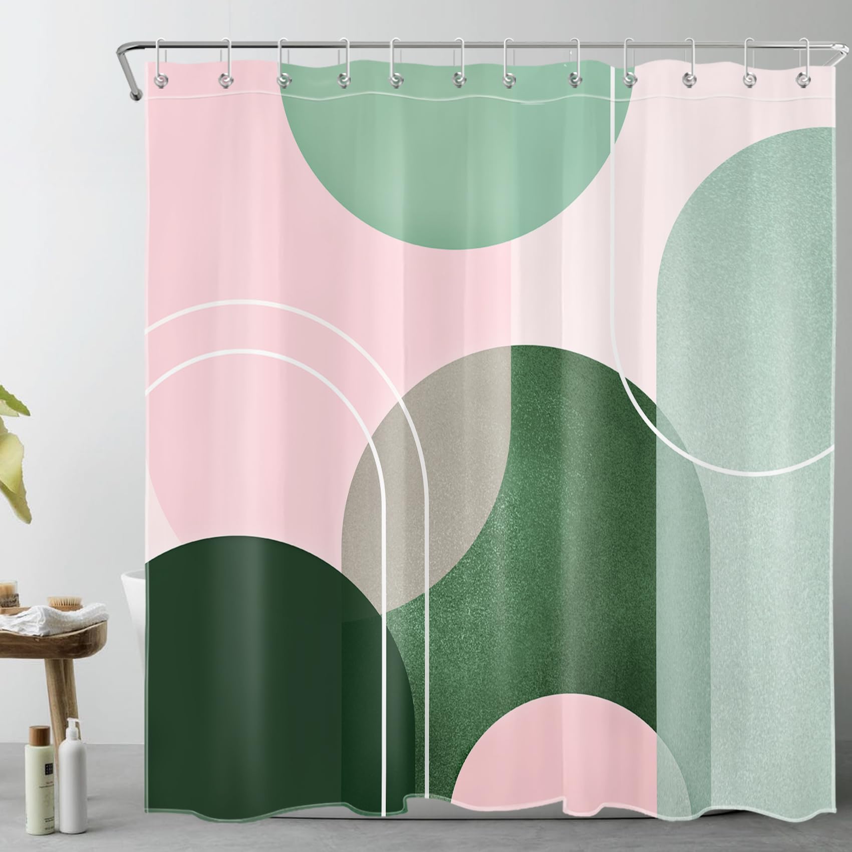 EOBTAIN Mid Century Modern Shower Curtain Pink and Green Boho Abstract Shower Curtain with Hooks Minimalist Geometric Aesthetic Washable Fabric Shower Curtains for Bathroom,72x72 Inch