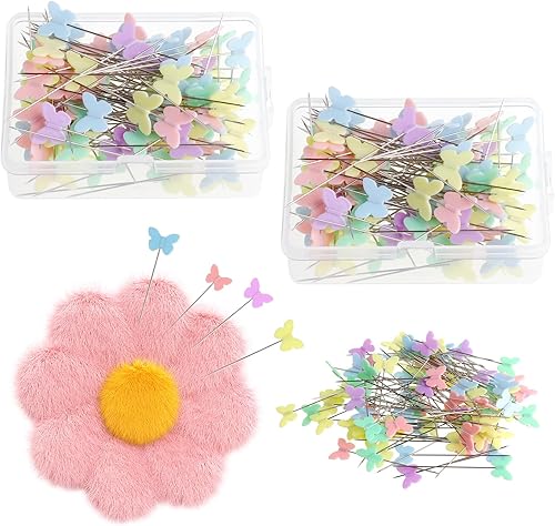 LLMSIX 200 alfileres de costura de cabeza plana, alfileres rectos multicolor, alfileres largos para coser cabezas de mariposa, alfileres decorativos