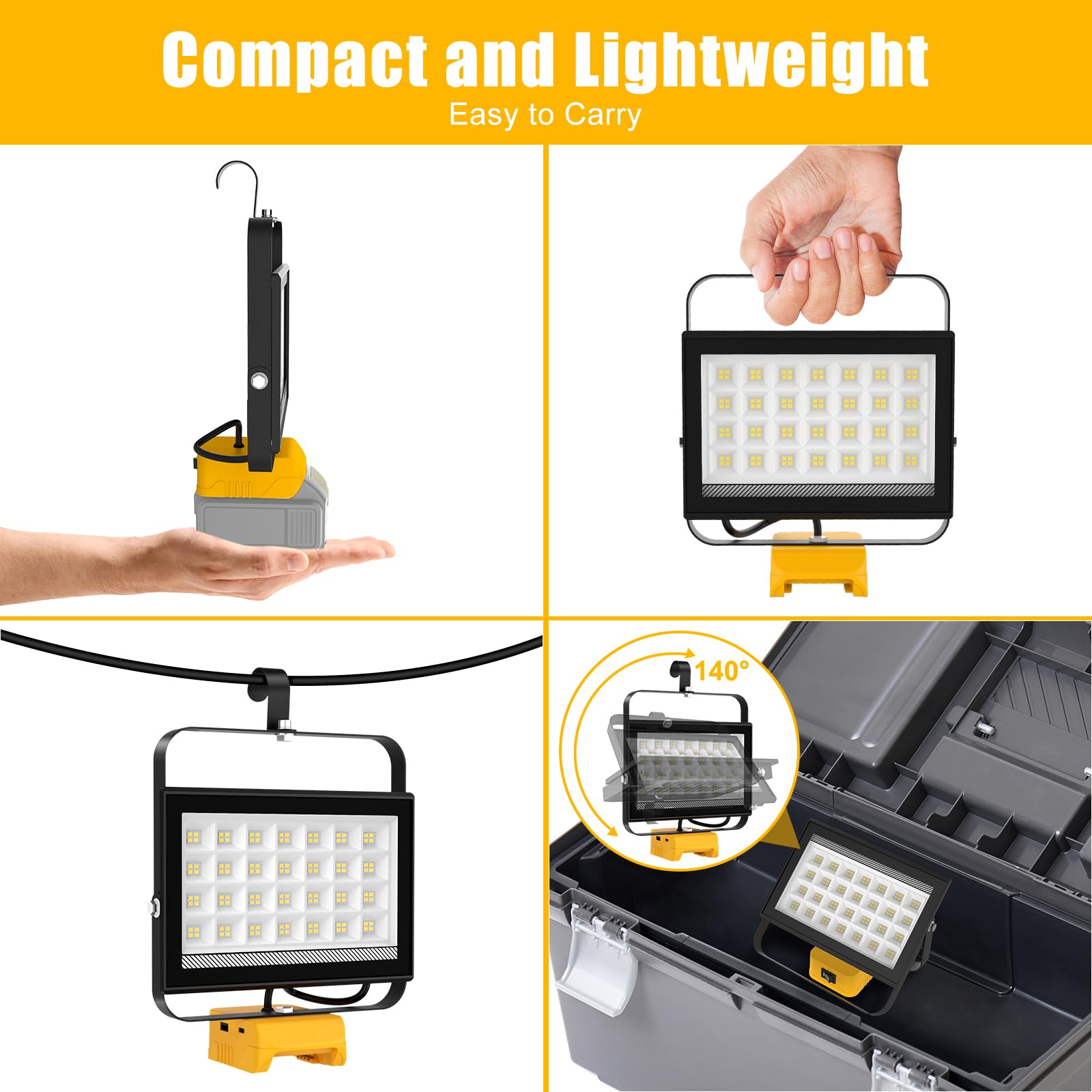 Projecteur LED Rechargeable pour Dewalt 18V/20V Batterie,100W 6500LM Projecteur LED Chantier Portable, Lampe LED avec Charge Type C & USB pour Camping, Chantier, Garage, Atelier(Sans Batterie)