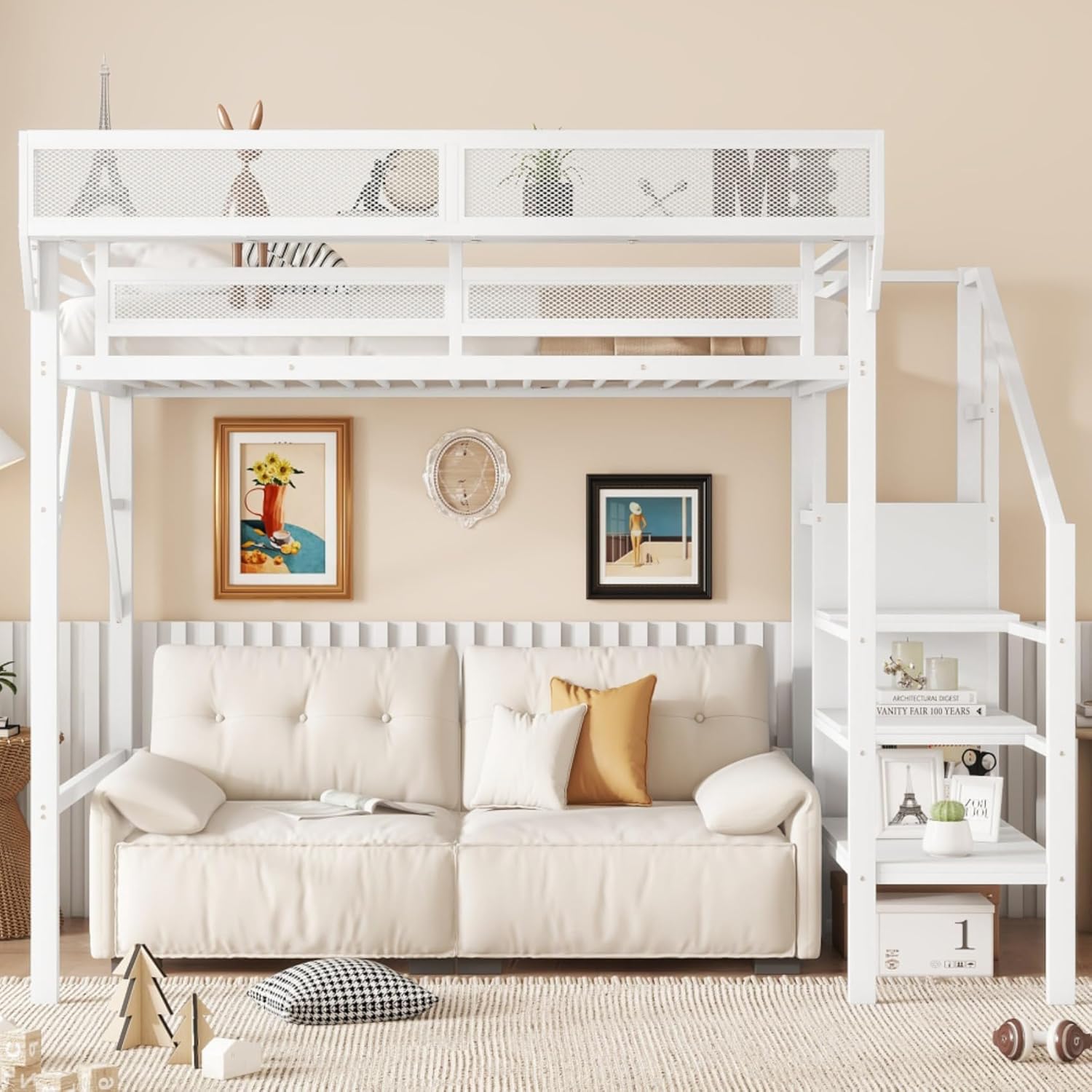 Twin Size Convertible High Loft Bed with Storage Stairs, Shelves and Wardrobe, Metal Loft Bed Frame with Safety Guardrail, Space Saving, for Kids, Boys, Adults, White