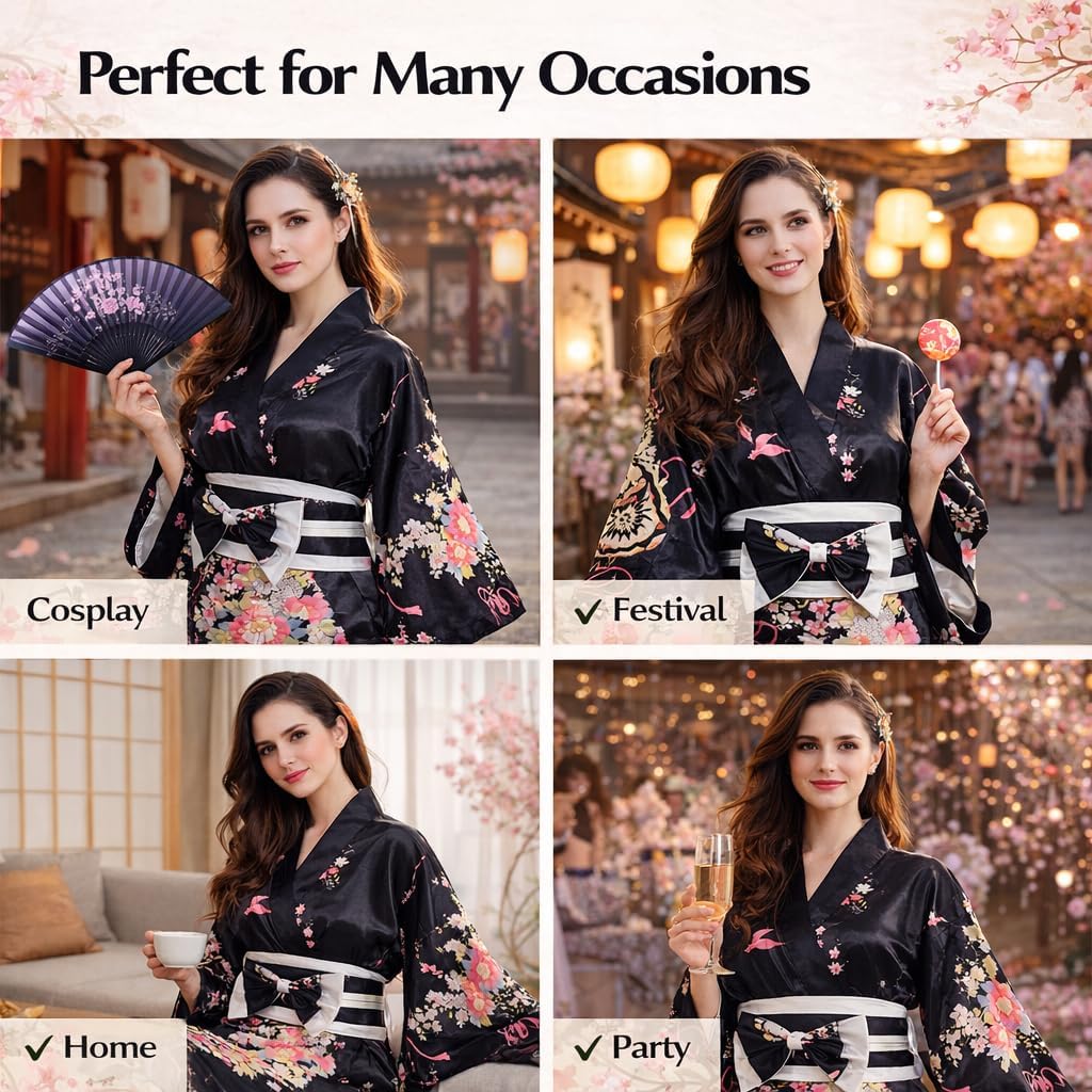 Kimonos for Women Japanese Style Satin Kimono Robe with Bow Belt Fan Hair Accessory and Tabi Socks