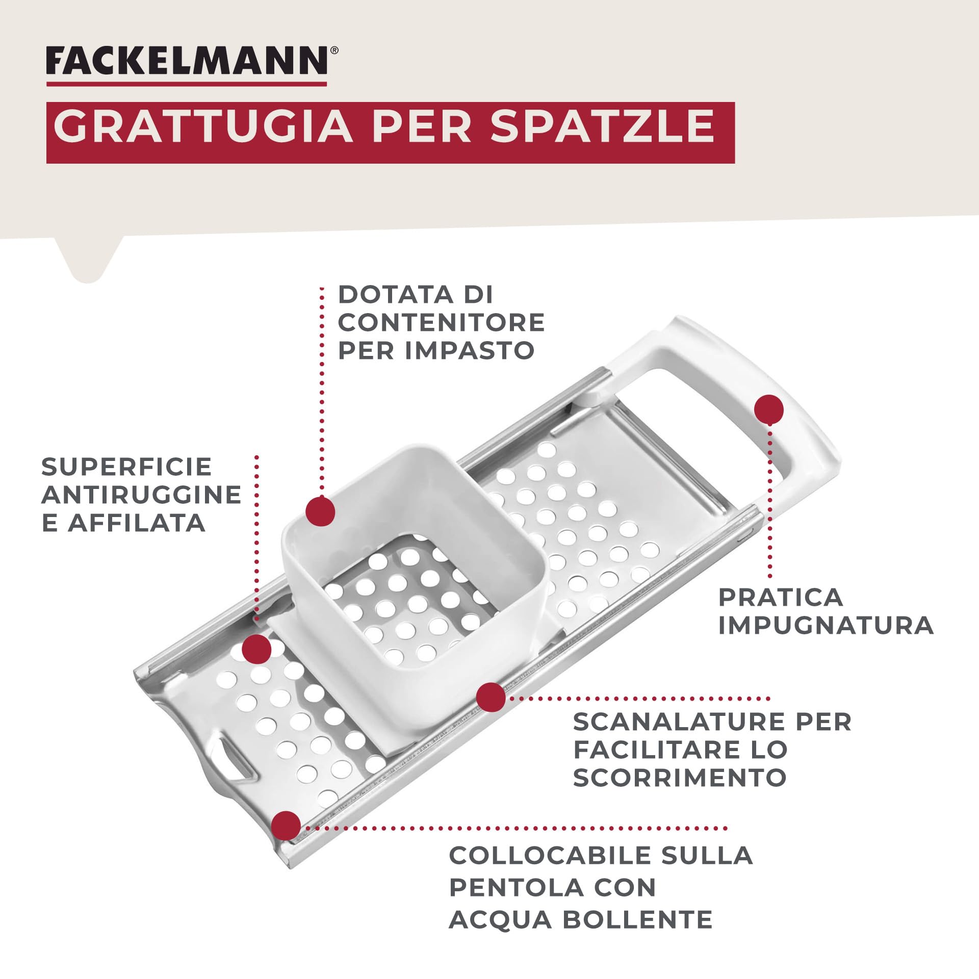 Fackelmann Gratella per spätzle in acciaio Inox 31,6x11x8 cm