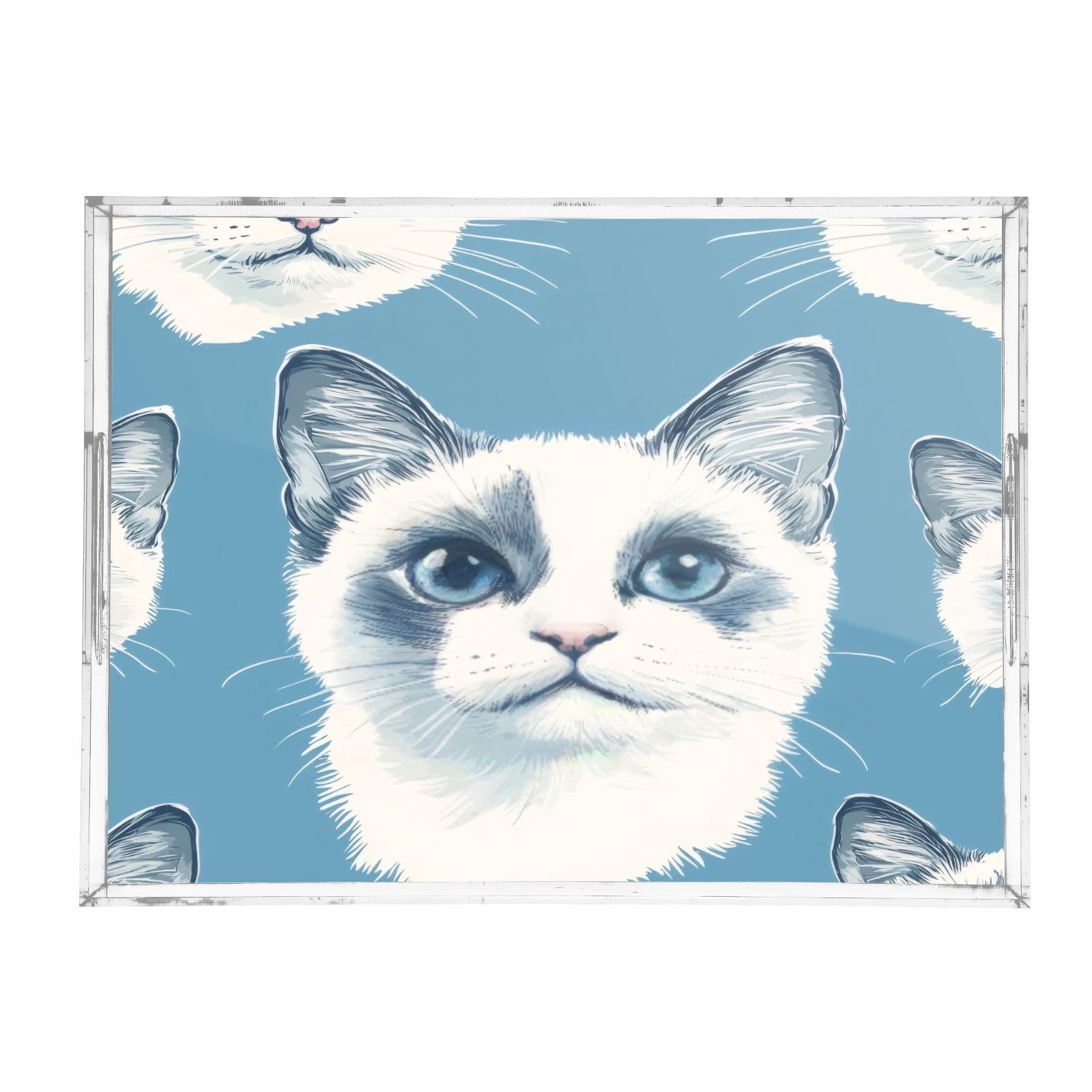 Msyxl Cute Cat Blue Serving Tray for Coffee Table, Decorative Acrylic Tray Cute Cat Blue Tray with with Handles for Breakfast, Ottoman, Countertop, 12x16 in