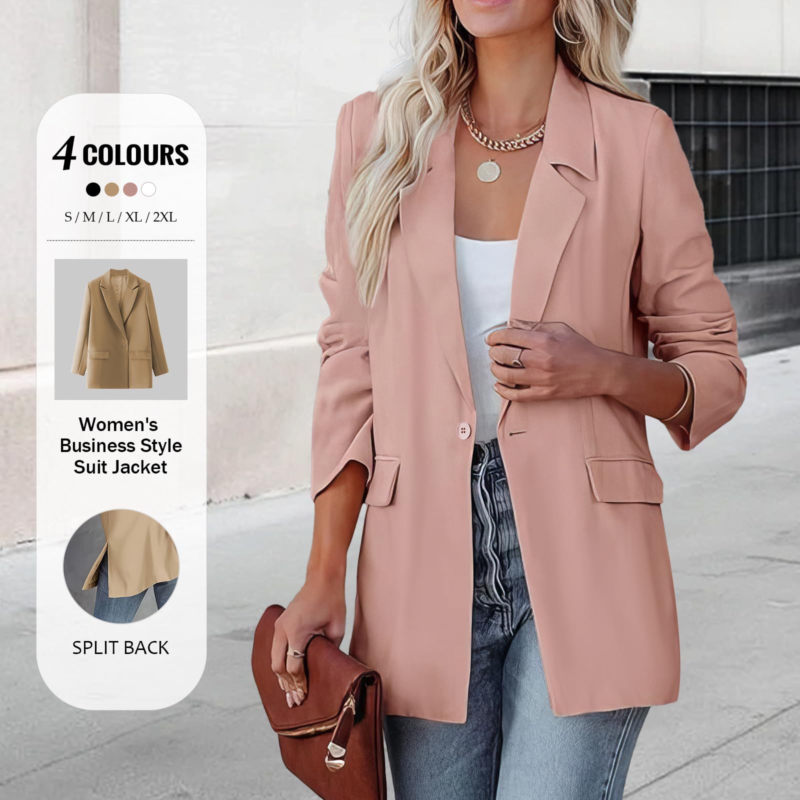 Blazer da Donna - Giacca Ampia Monopetto Aperta sul Davanti per Riunioni di Lavoro, Maniche Lunghe, Colletto con Revers, Giacche da Ufficio
