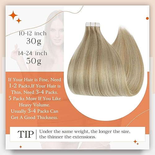Miniatura 3 de Full Shine - Extensiones de cabello humano Remy con cinta adhesiva y trama de piel sin costuras, color 1622 (rubio dorado) con reflejos color rubio