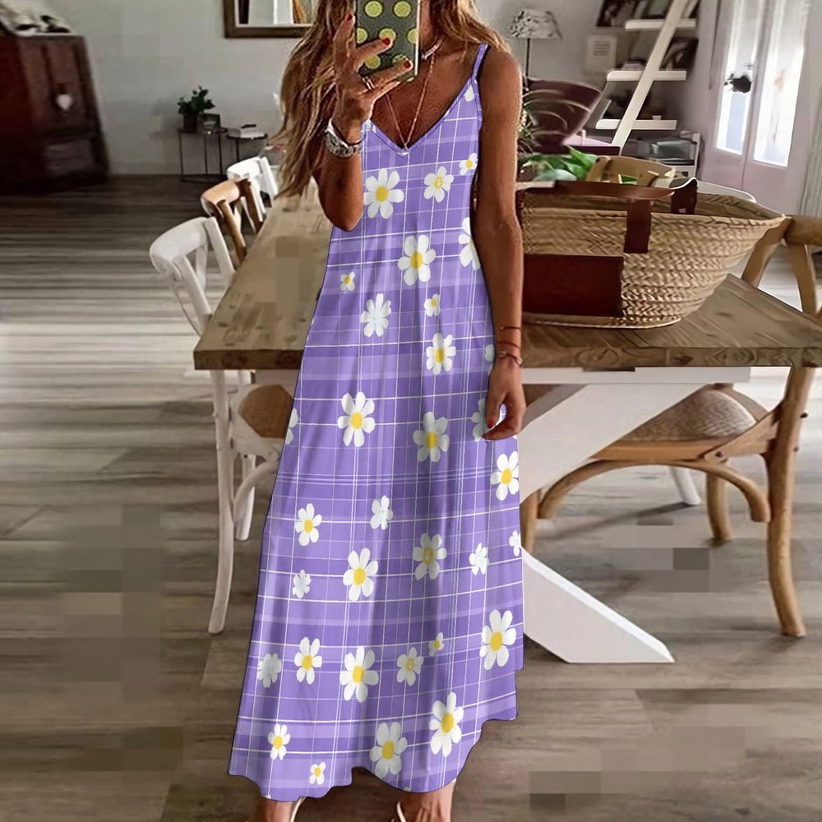 Vestido casual para mujer, con estampado de flores y margaritas, ajustable, largo hasta el tobillo, con volantes, vestido de verano fluido