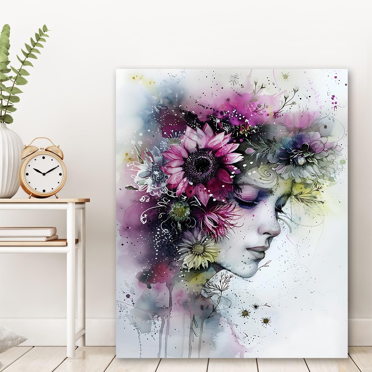 Chica vintage con flores impresión sobre lienzo para pared 87x118cm