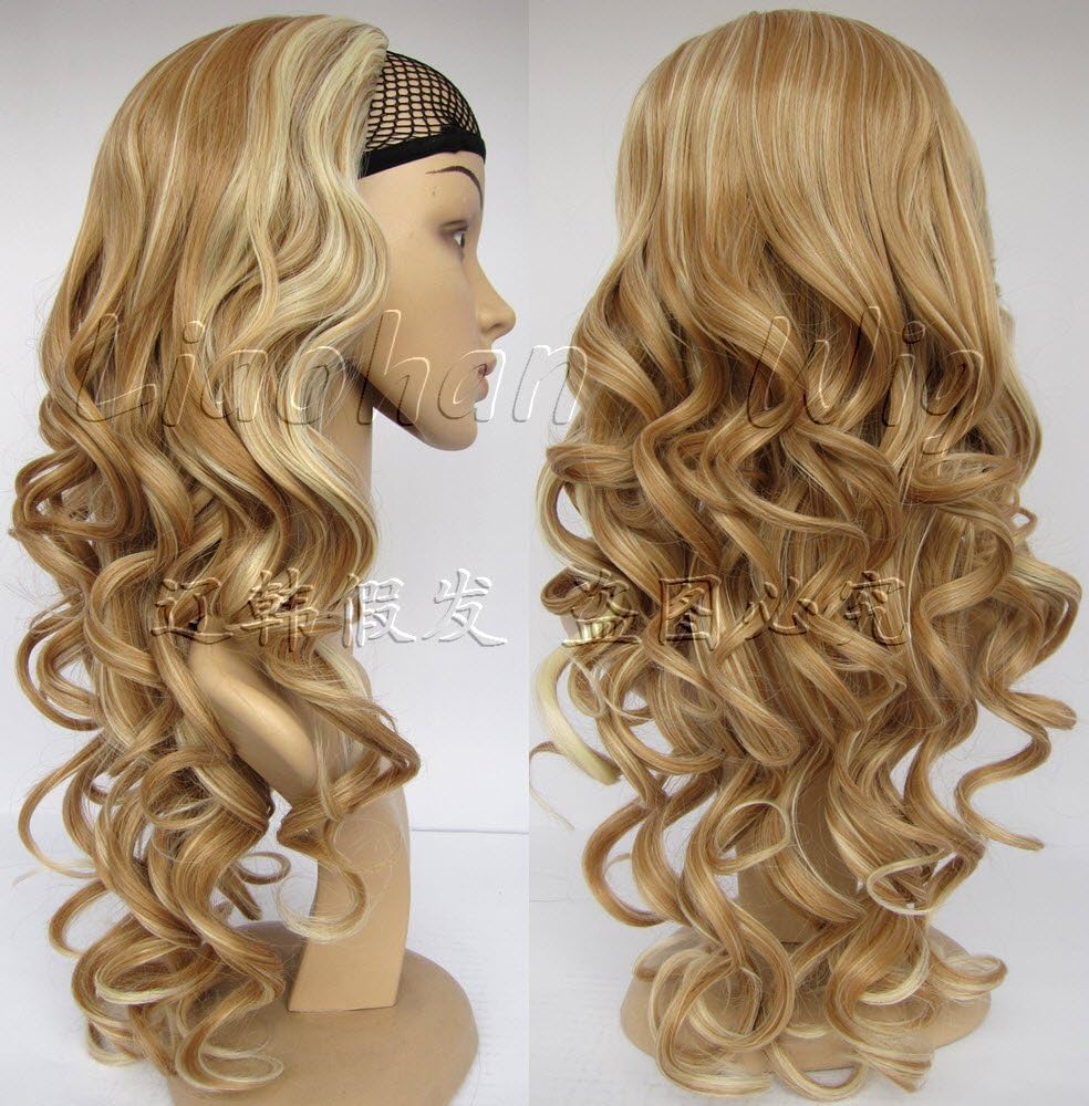 Liaohan Long Curly 3/4 Half Wig Fall Brown Hair With Blonde Highlights Hair Fall Synthetic Brown Mixed Blonde Wigs for Women Color: 27H613