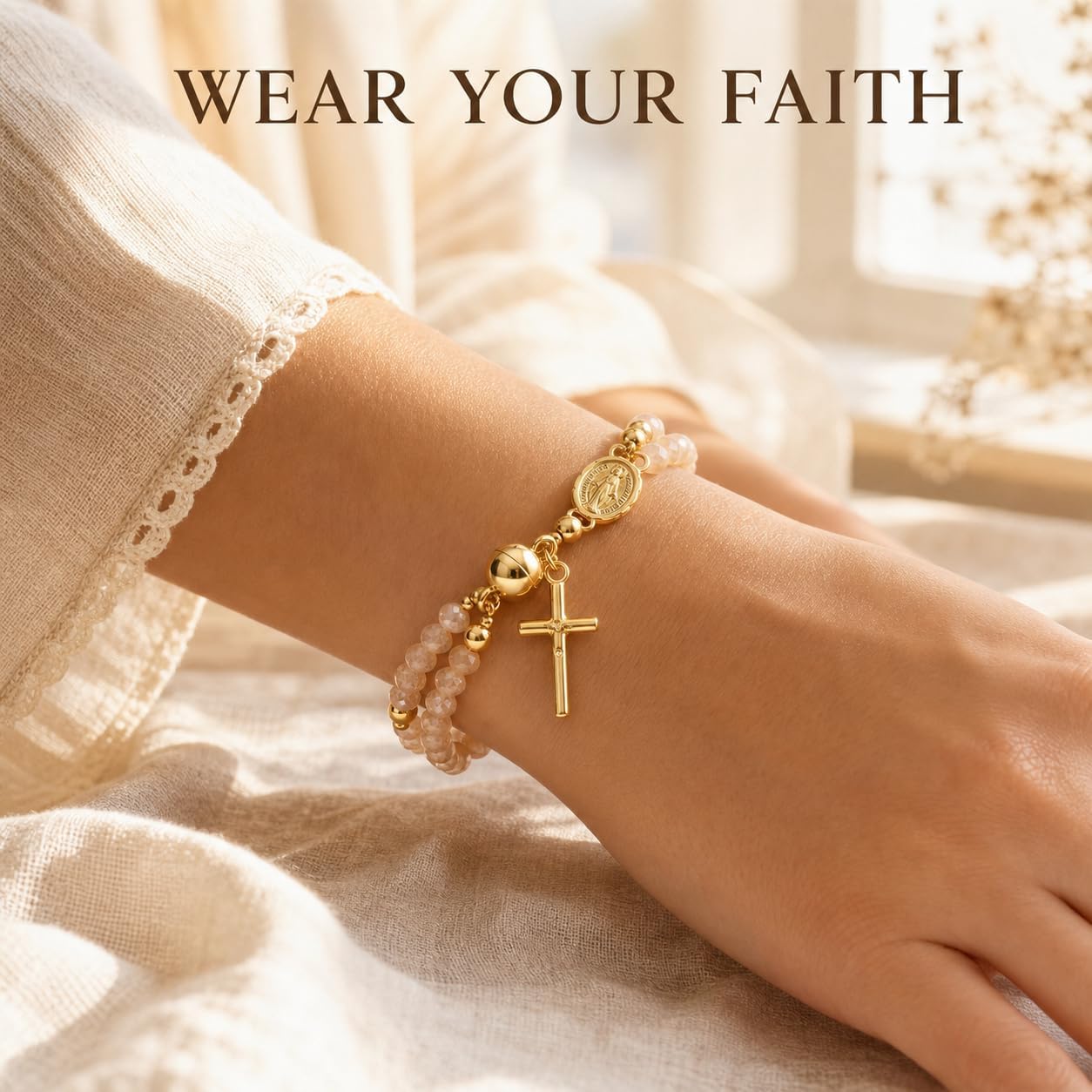 Roe Dolph Rosary Bracelet for Women Catholic Gold Cross Charm Bracelets Khaki Beaded Faith Jewelry Religious Gift for Mom Wife Sister Friend Easter Confirmation