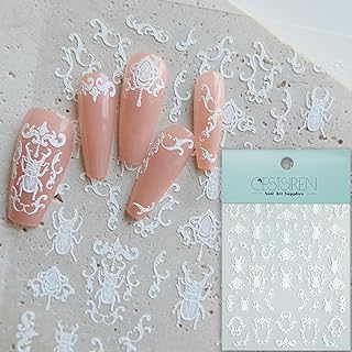 White Beetle Nail Art Stickers, 5D Embossed Coquette Nail Decals, for Nail Art Design, Self-Adhesive, Nail Accessories for Women