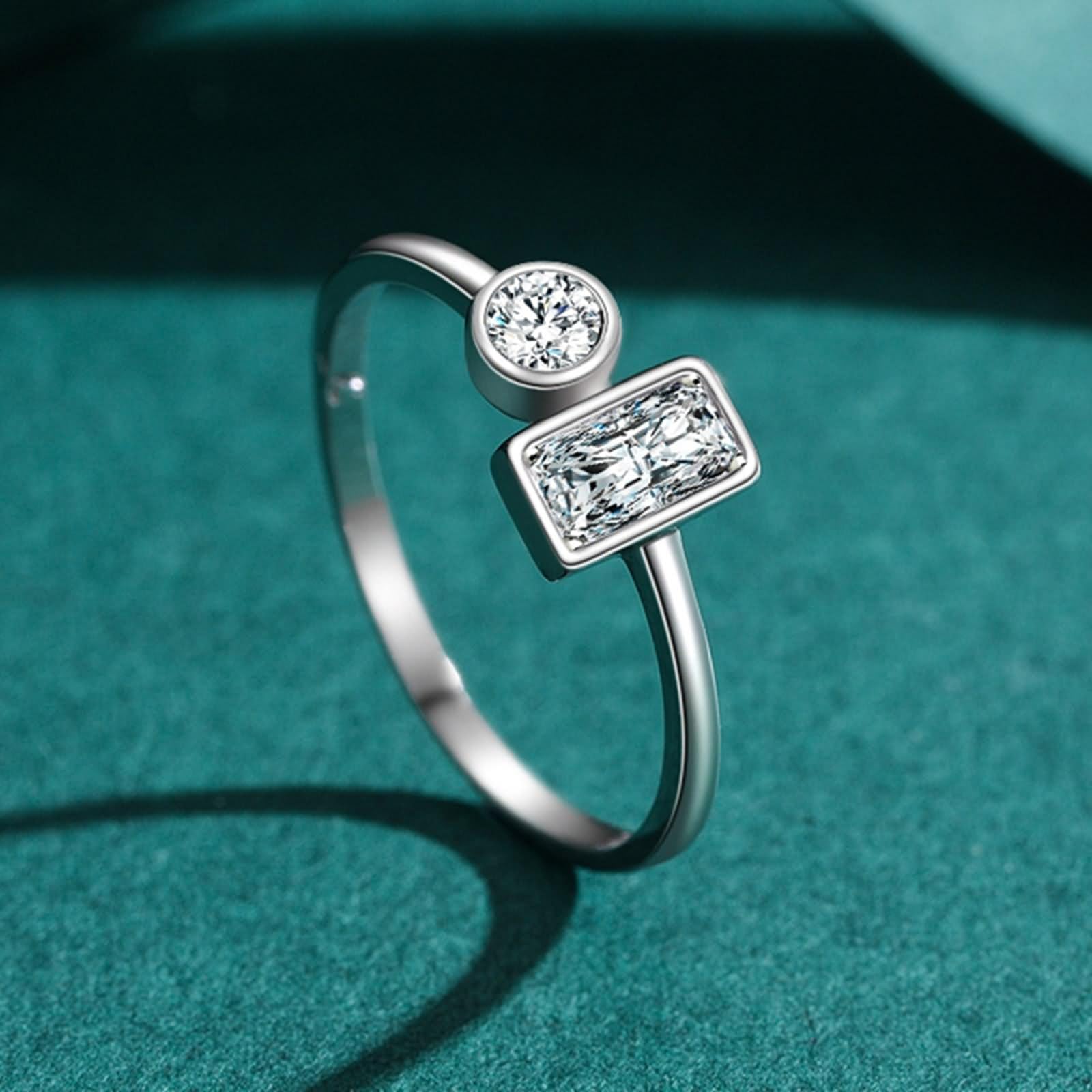 Pierścionek zaręczynowy, różowy pierścionek geometryczny, srebrny, ze szlifem prostokątnym, diament laboratoryjny, 14 K, białe złoto, rozmiar 58 (18,5)