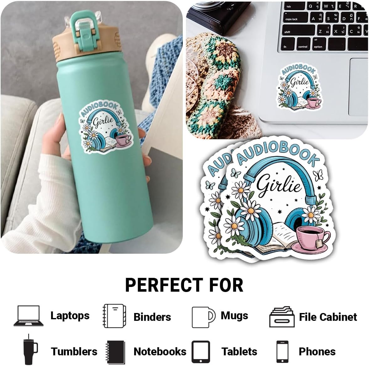 3Pcs Audiobook Girlie Sticker Funny Podcaster Cozy Reading Headphone Gift image 3