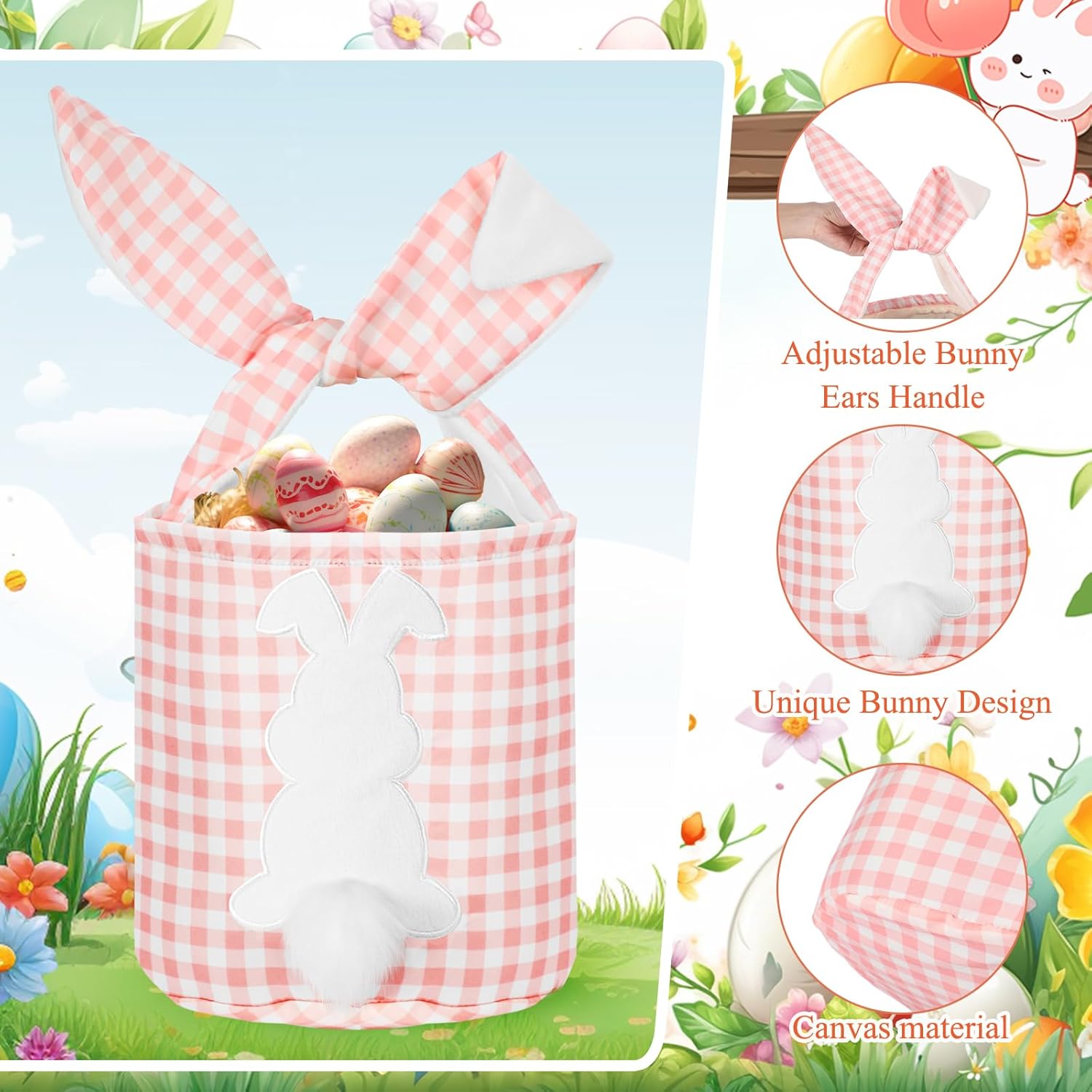 6 Pcs Bunny Canvas Bags Rabbit Print Basket with Foldable Ears Candy Goodie Bunny Tote Gift Bag for Birthday Party Decorations Supplies(Cute Color,Plaid)