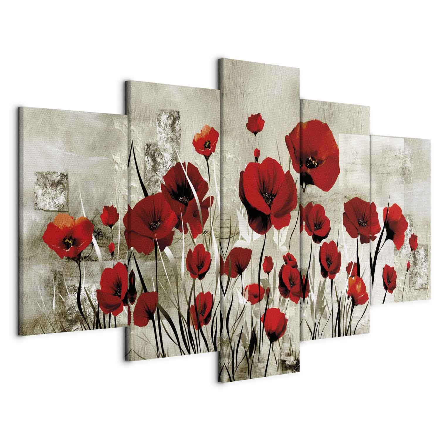 B&D XXL - Quadro Fiori Papaveri 200x100 cm 5 Pezzi Stampa su Tela XL Immagini Moderni Murale Fotografia Grafica Decorazione da parete Quadri Componibili Fiore Papavero Rosso Grigio b-A-0001-b-o