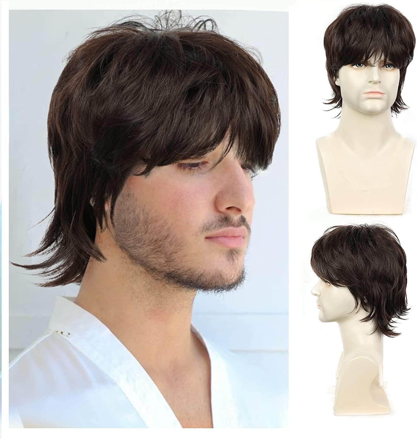 QUEENTASMen's Short Brown Wig - 70s/80s Mullet Wolf Cut - Medium Long - Synthetic Hair Wig for Daily Cosplay & Halloween