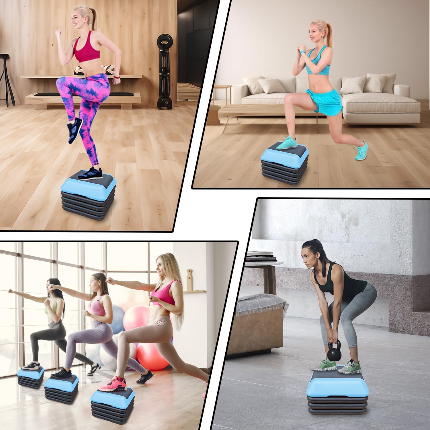 Adjustable Exercise Step Aerobics Platform with 4 Risers, with 4 Risers 4"-6''-8''-10''-12' Height for Home Gym Fitness Training High Step Aerobics Platform