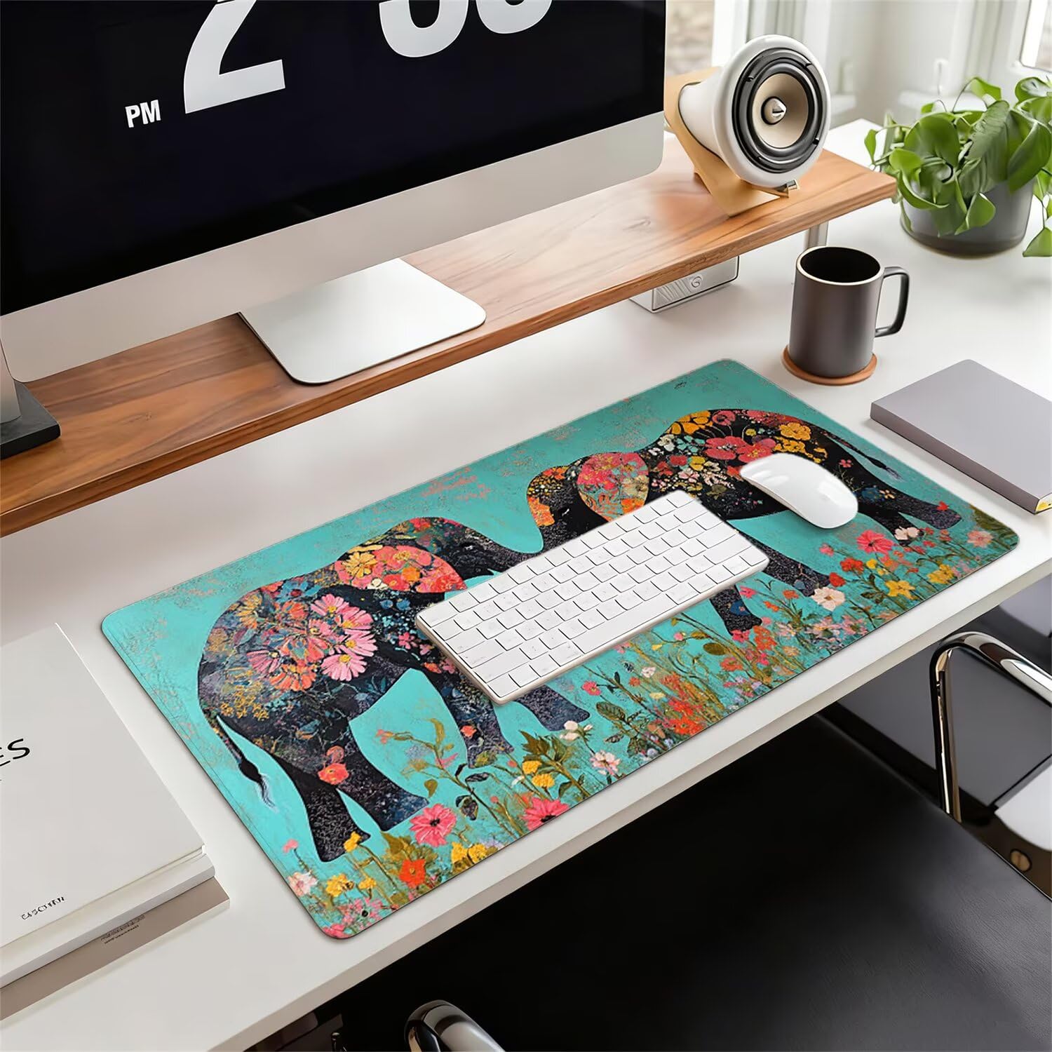 Podkładka pod mysz XXL, 1400 x 600 x 3 mm, słoń, antypoślizgowa, wodoszczelna, kwiaty z gumowym spodem, cicha, ergonomiczna praca na biurku, do gier, biura domowego i biura, xg-589