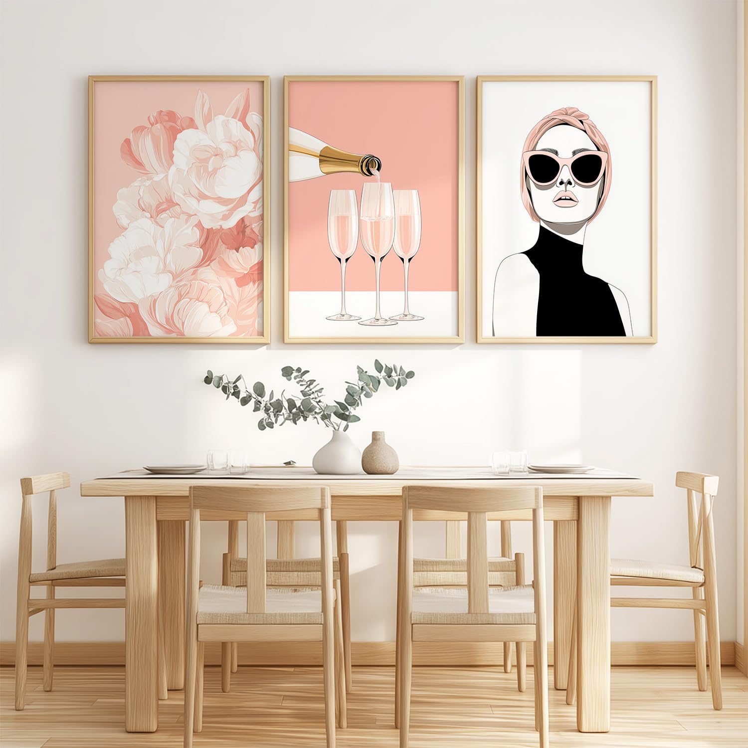 Juego de 3 decoraciones de pared modernas, impresión HD para sala de estar, dormitorio, pósters niña retrato floral rosa elegante sin marco, 40 x 60 cm