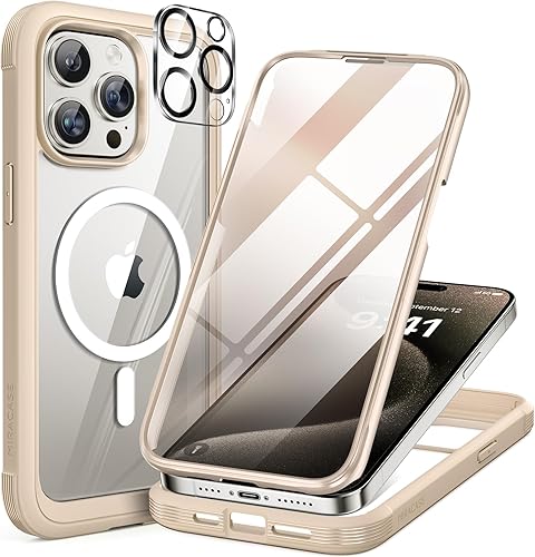 Miracase Funda magnética para iPhone 15 Pro compatible con MagSafe Funda de cuerpo completo con protector de pantalla de vidrio integrado y