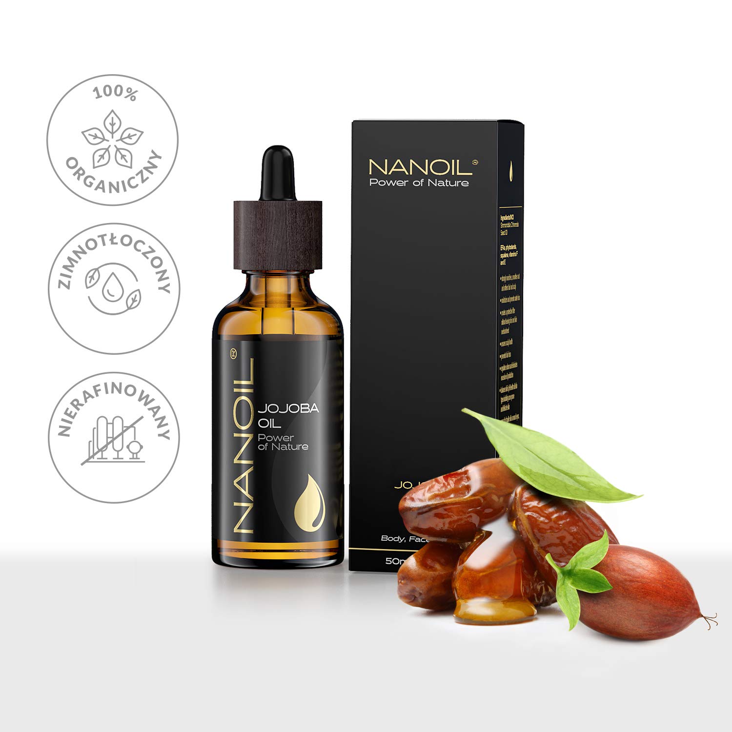Olejek Nanoil 50 ml - naturalny, zimnotłoczony i nierafinowany olejek do pielęgnacji włosów, ciała i twarzy, odżywiający, nawilżający (Jojoba)