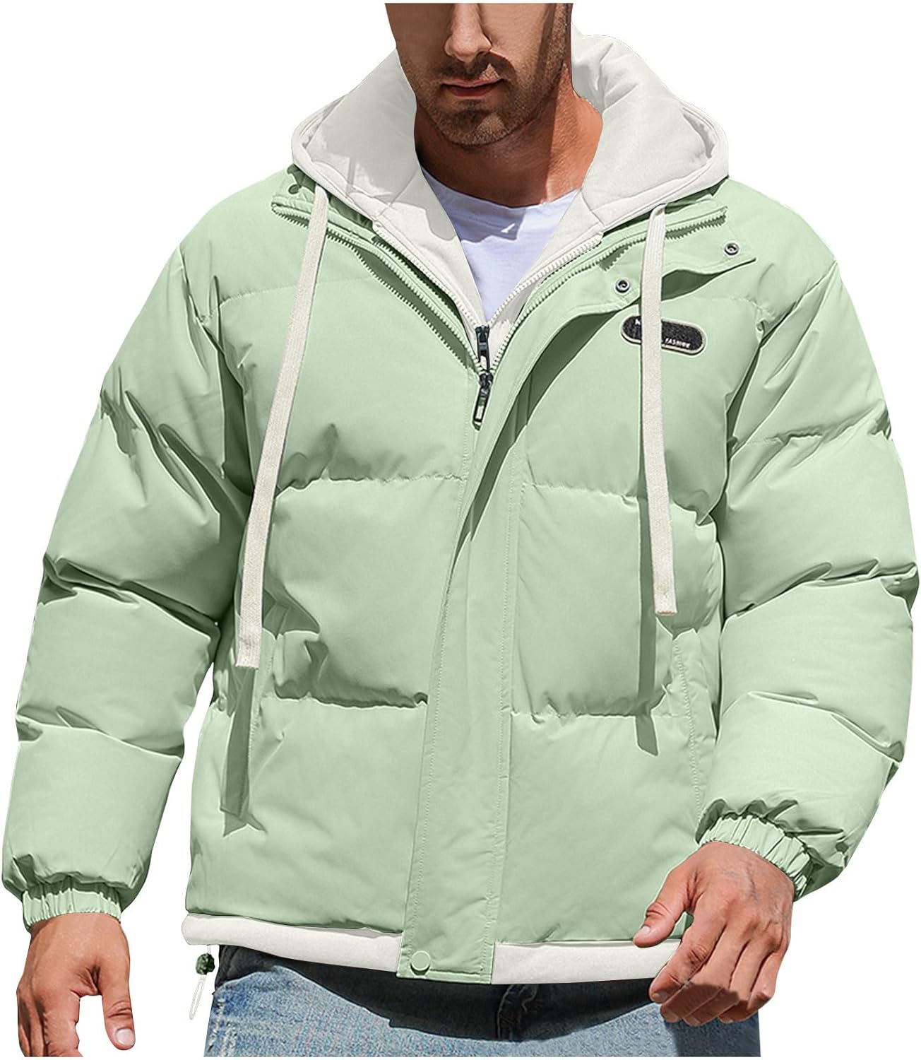 NATHGAM Men's Fake Two Piece Jackets Thicken Windproof Thermal Hooded Puffer Jackets Winter Loose Warm Outdoor Bubble Coats