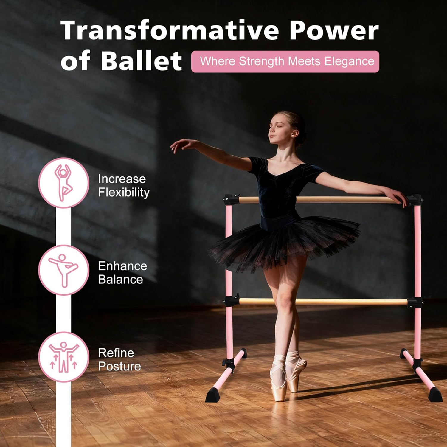 4ft Portable Ballet Barre for Home, Freestanding Dance Bar with Solid Wood, Adjustable Height (6.7"-46"), Stretching Equipment for Kids & Adults, Barre Fitness,