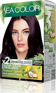 SEA COLOR Non-Ammonia, Vegan, Natural, Nourishing Permanent Hair Dye 100% White Closure 1 PACK 2 x 50 ml Dye & OXIDANT Eggplant Purple 3.66