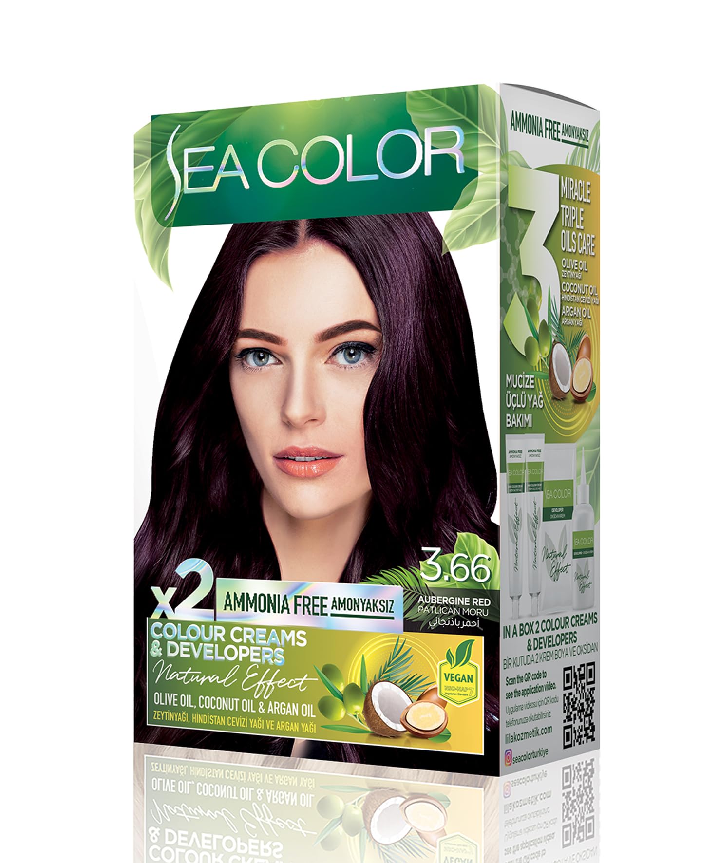 SEA COLOR Amonyaksız, Vegan, Doğal, Besleyici Kalıcı Saç Boyası%100 Beyaz Kapama (1 PAKET 2 x 50 ml Boya & OKSİDAN) (Patlıcan Moru 3.66)