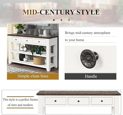 Miniatura 4 de Mesa consola de madera maciza de 48 pulgadas con 3 dawers de almacenamiento y 2 estantes para almacenamiento, entrada, pasillo, vestíbulo, sofá mesa